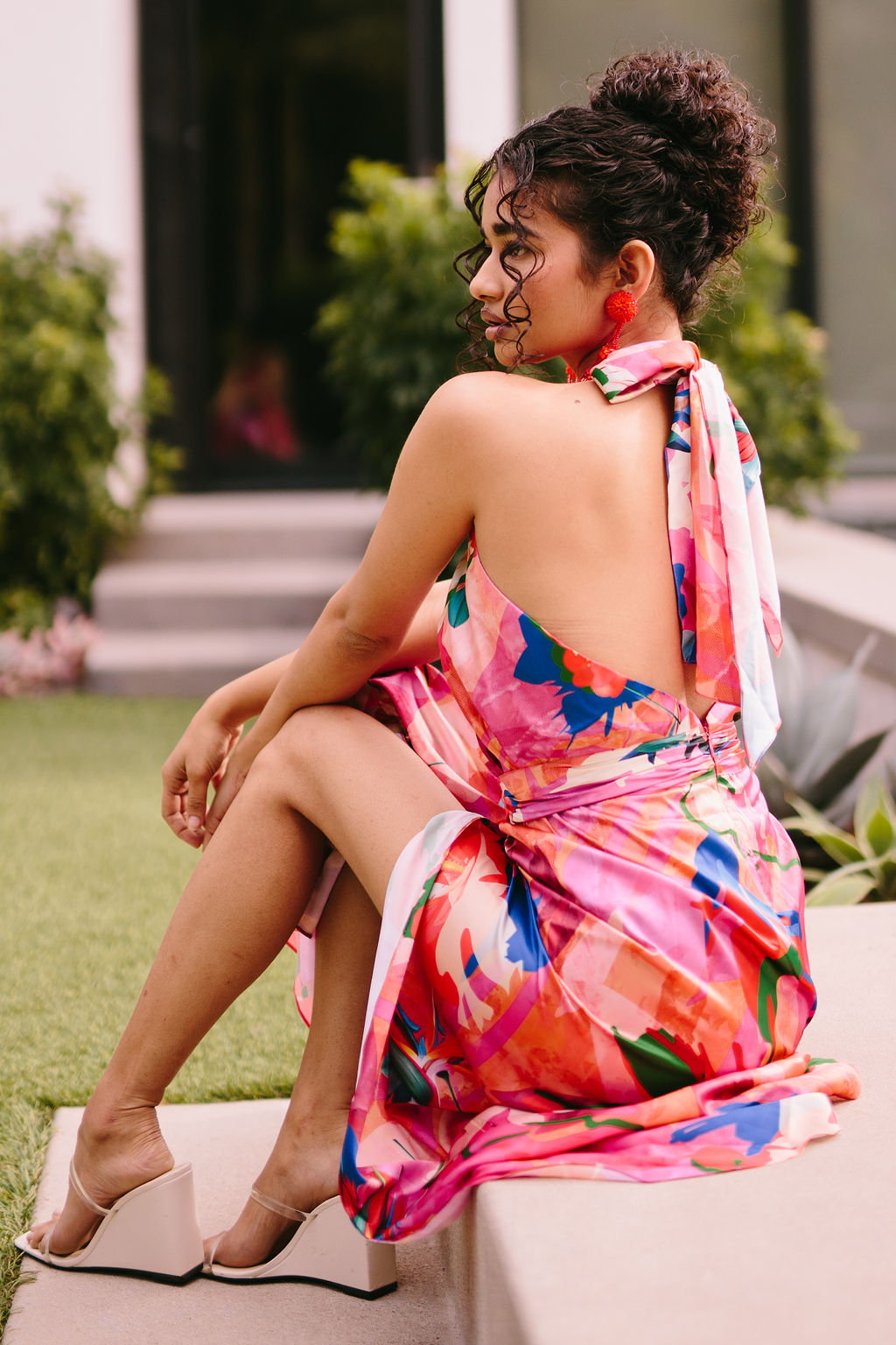 PRINTED DARK PINK SATIN HALTER DRESS