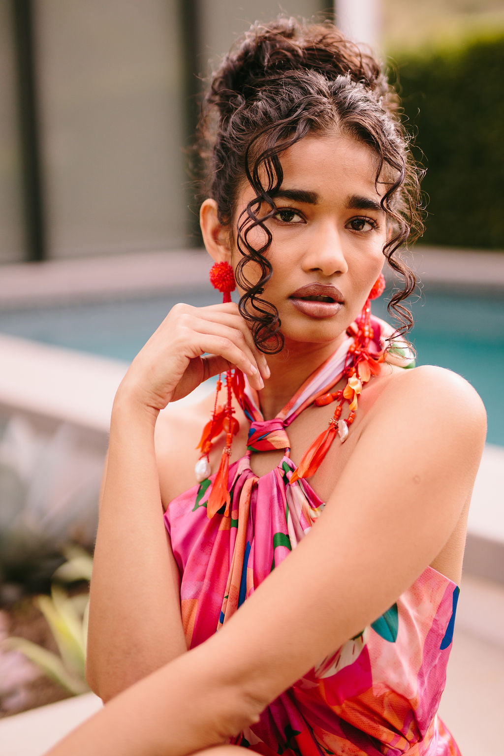 PRINTED DARK PINK SATIN HALTER DRESS