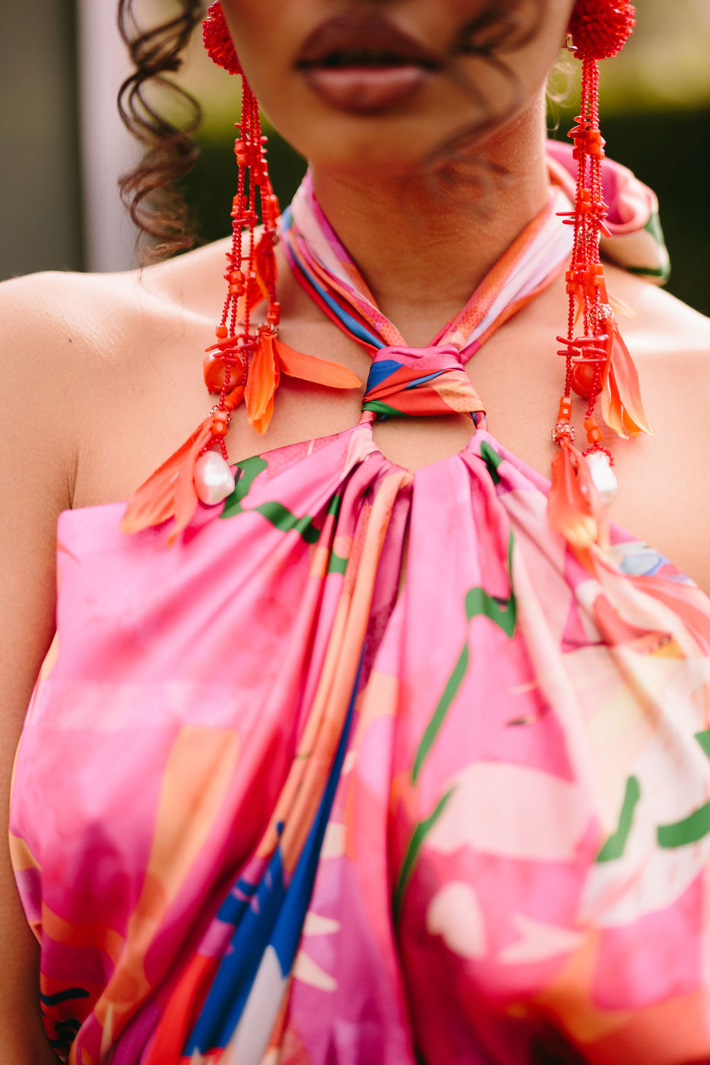PRINTED DARK PINK SATIN HALTER DRESS