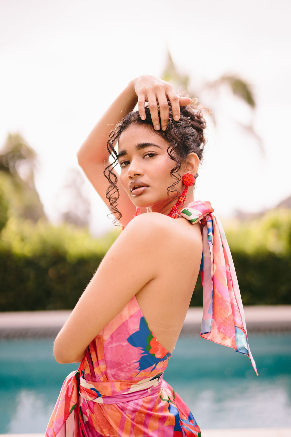 PRINTED DARK PINK SATIN HALTER DRESS