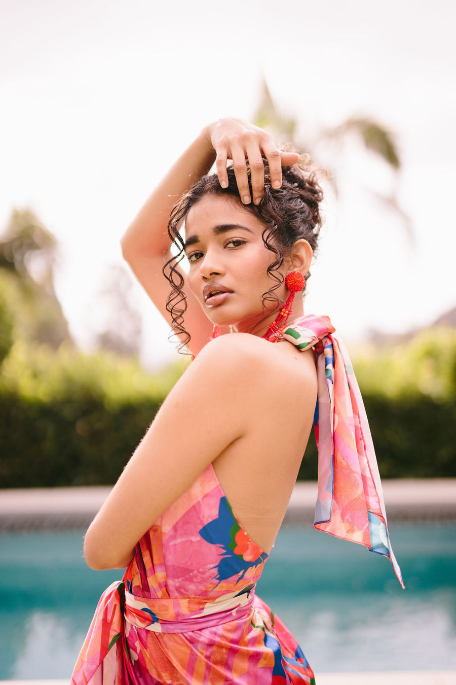 PRINTED DARK PINK SATIN HALTER DRESS