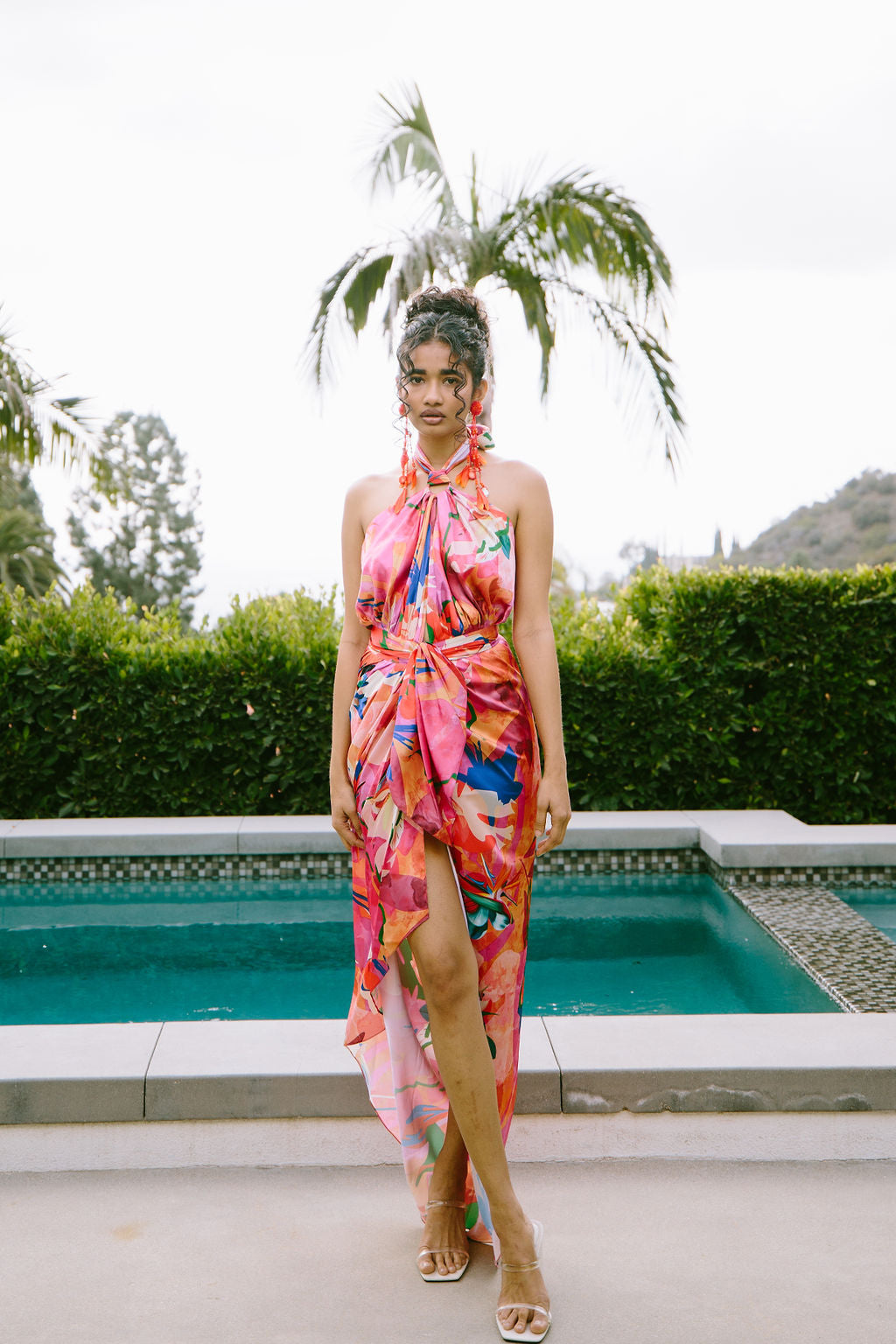 PRINTED DARK PINK SATIN HALTER DRESS