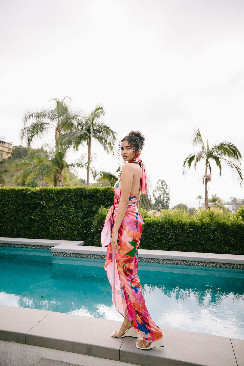 PRINTED DARK PINK SATIN HALTER DRESS