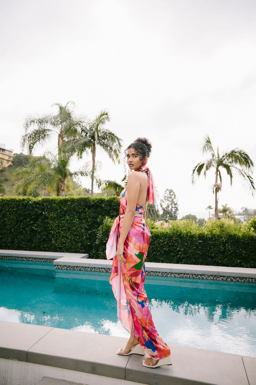 PRINTED DARK PINK SATIN HALTER DRESS