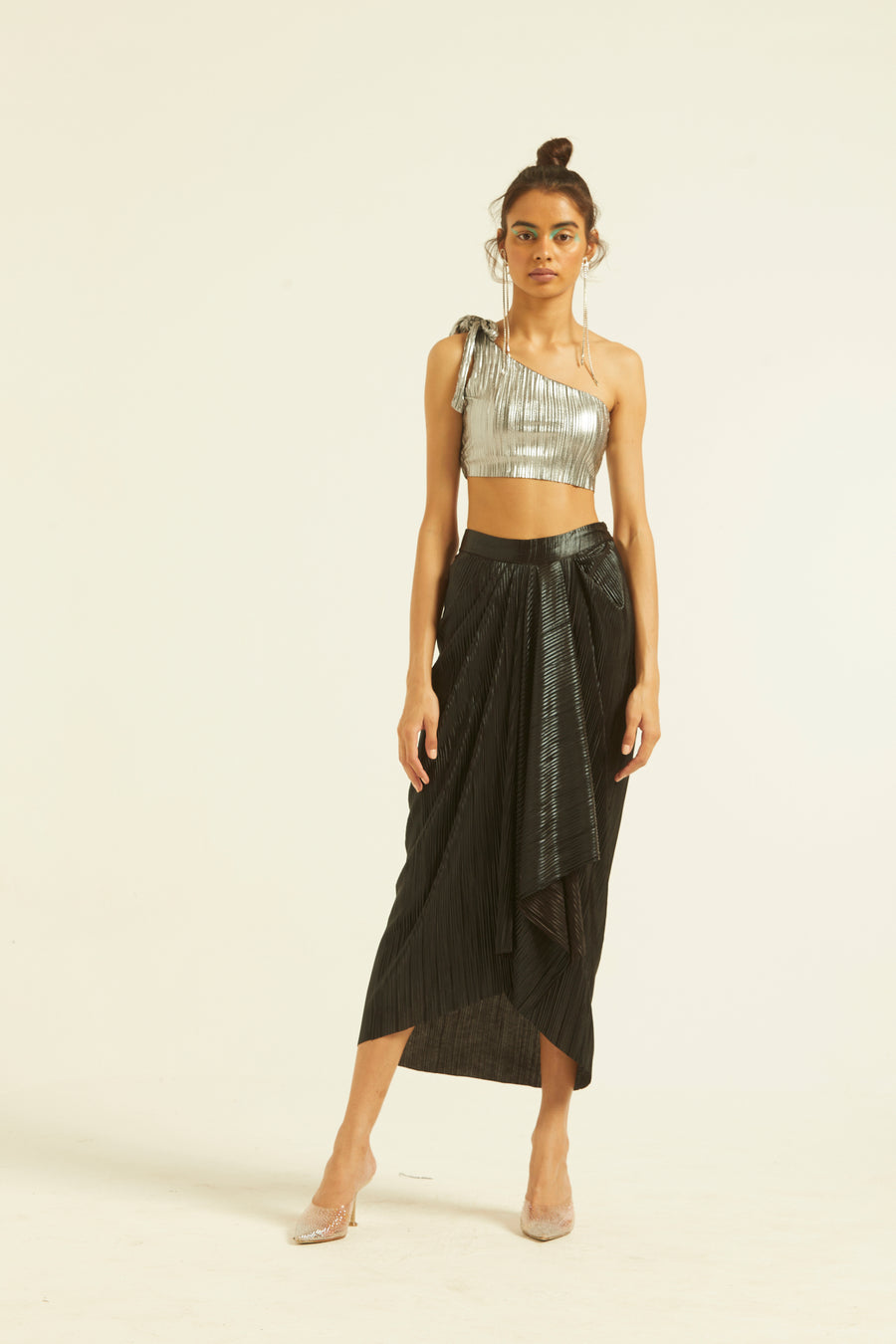 ONE SHOULDER METALLIC SKIRT SET